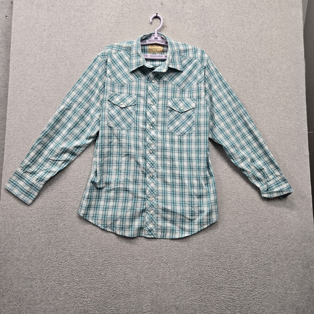 Wrangler Men Button Up Shirt L Green Plaid Western Long Sleeve Pockets